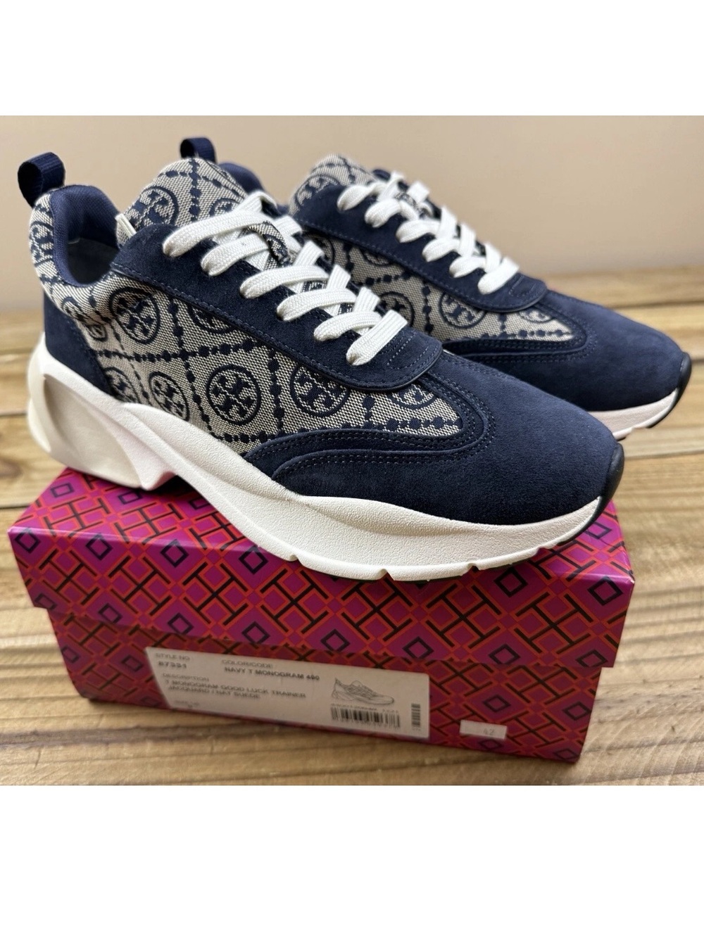TORY BURCH NIB MONOGRAM GOOD LUCK TRAINER Women's Navy/Cream Fashion Sneaker 9.5